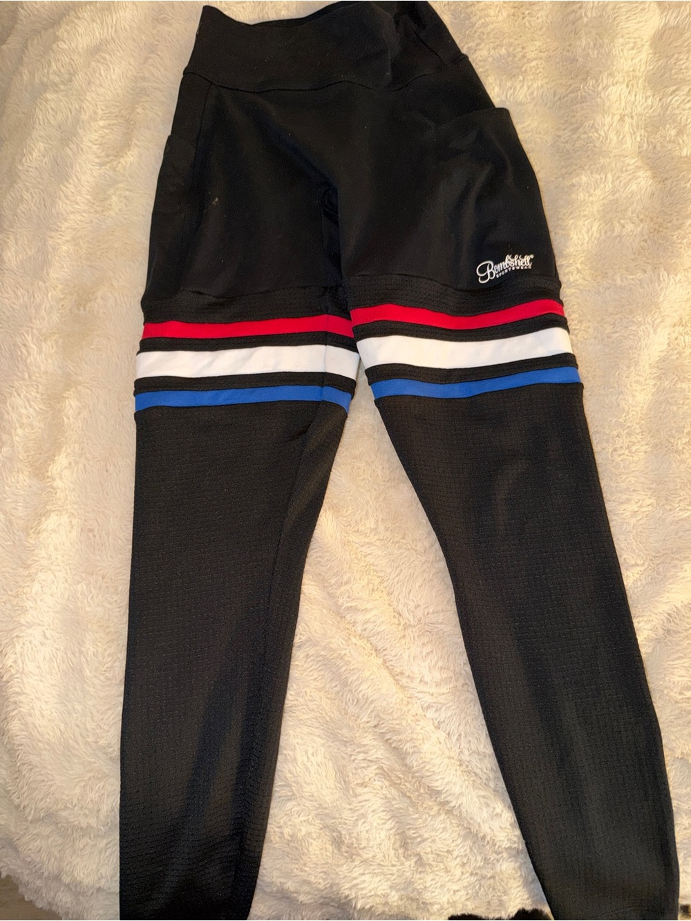 Bombshell Sportswear Black Kids Leggings with Red, White & Blue Stripes